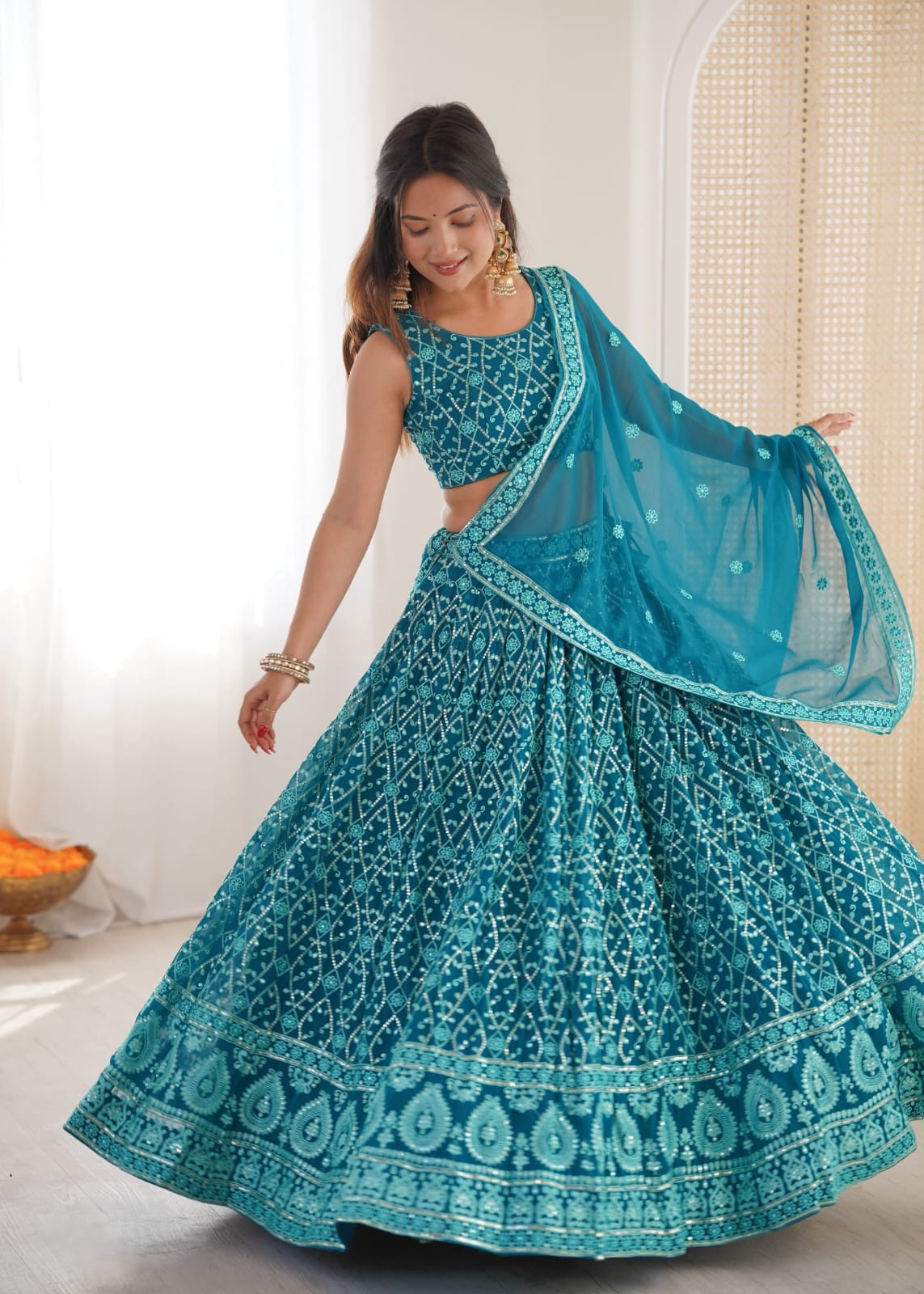Teal Blue Embroidered Faux Georgette Lehenga With Sequins & Dupatta